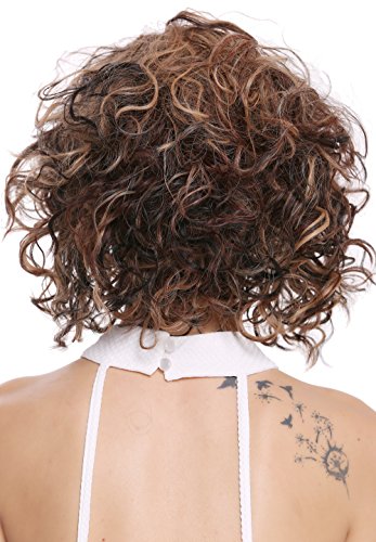 WIG ME UP- DW-2698 Peluca mujer corto hasta los hombros rizos rizado salvaje voluminoso denso mezcla caoba marrón reflejos rubios