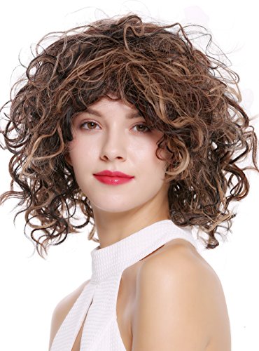 WIG ME UP- DW-2698 Peluca mujer corto hasta los hombros rizos rizado salvaje voluminoso denso mezcla caoba marrón reflejos rubios