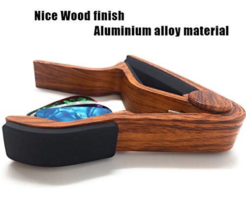 WiNGO Cejilla de Guitarra para Electrica Acústica Folk Ukelele Bajo Guitar Aleación de Aluminio Guitar Capo con 5 Púas de Guitarra, Madera Color.