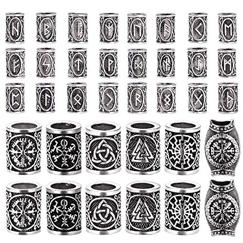 YMHPRIDE 36 piezas de cuentas de barba vikinga, cuentas de tubo de pelo nórdicas antiguas, cuentas de rastas para trenzar el cabello, pulsera, colgante, collar, plata, decoración del cabello