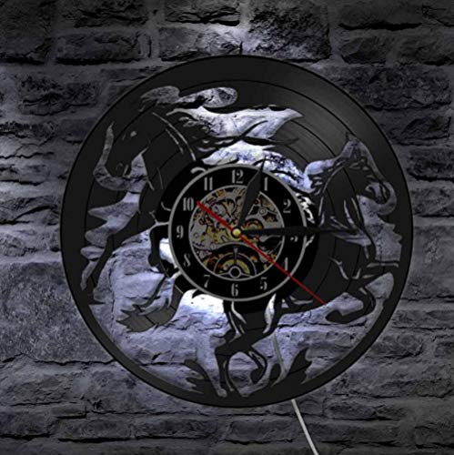 ZKMQF Vintage   Animal Black Running Horses Vinyl Record Reloj de Pared Equine Wall Art Nature Horses Clock Horse Lover Decoración para el hogar