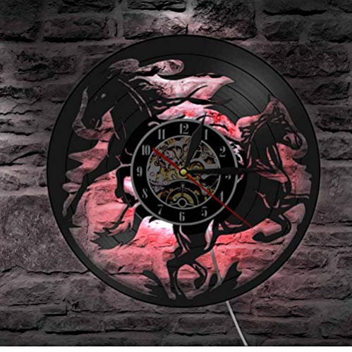 ZKMQF Vintage   Animal Black Running Horses Vinyl Record Reloj de Pared Equine Wall Art Nature Horses Clock Horse Lover Decoración para el hogar