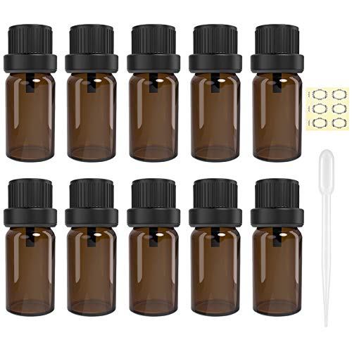 10 botellas de vidrio ámbar de 5 ml con tapa negra y 1 cuentagotas y 12 etiquetas – Alledomain Mini botella de ámbar vacía recargable para aceites de masaje/aromaterapia/perfume
