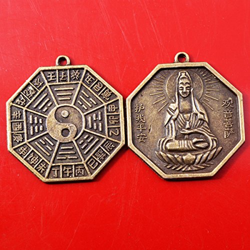 2 piezas Feng Shui Kuan Yin Ba Gua figurita de monedas colgante + bolsa para regalo Y1085