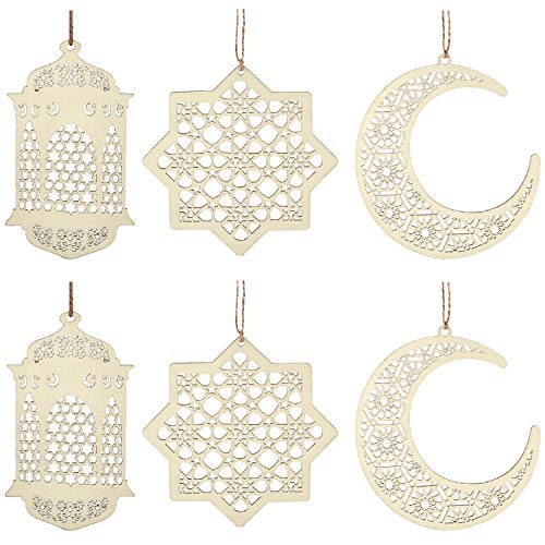 2 Sets 6 Piezas Adorno Colgante de Madera Ramadán Kareem Decoración Luna Estrella Viento Forma de Luz Colgante Adorno para Ramadán Mubarak Eid Decoraciones