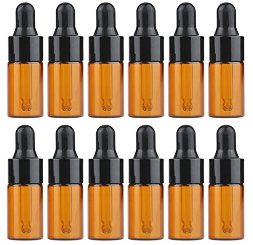 24PCS Mini Amber Glass Essential Oil Dropper Frascos la botella con el casquillo goma negro Cosmético Perfume la muestra Frascos líquidos Contenedor almacenamiento (3ml)