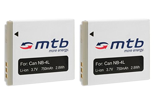 2X Batería para Canon NB-4L – Compatible con Canon IXUS 30, 40, 50, 55, 60, 65, 70, 75. Ver Lista