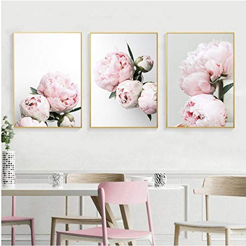 agwKE2 Flor de peonía Carteles e Impresiones Hojas y Flores Verdes Lienzo Pintura Arte de la Pared para la Sala de Estar Decoración Imágenes Decoración para el hogar 40x60cmx3 sin Marco