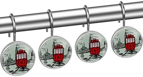 Arte del tranvía de Estambul Ganchos de Cortina de Ducha Decorativos de Vidrio de 12 Piezas, Anillo de Acero Inoxidable a Prueba de Herrumbre Redondo para Cortinas de Barra de Ventana de baño