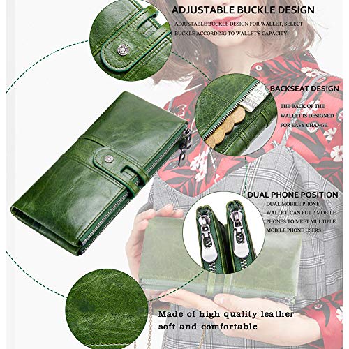 BAIAA Cartera Mujer, Cuero, Vendimia, Diseño Mano, Posición De Múltiples Tarjetas, Monedero Zip, Bolsillo para Teléfono Celular, 19.5 * 9.5 * 2.5cm (Green)