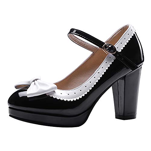BeiaMina Mujer Dulce Bombas Zapatos Lazo Mary Jane Pump Black Tamaño 48 Asian