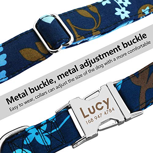 Beirui Collar Perro Personalizado con Hebilla de liberación rápida – Collares para Perros Personalizados con Patrones Florales – Blue Iris Collar y Correa Perro - M(12-19.5"Cuello)