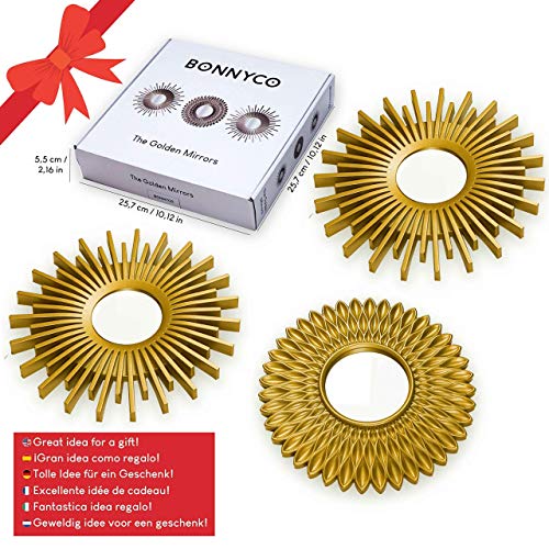 BONNYCO Espejos Pared Decorativos Dorados Pack 3 Espejos Decorativos Ideales para Decoracion Casa, Habitación y Salón | Espejos Redondos Pared Regalos Originales para Mujer | Decoracion Pared