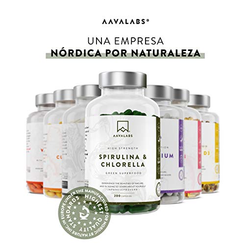 Cápsulas de Espirulina y Chlorella [1800 mg/Dosis Diaria] 200 Comprimidos - Fuente de Vitaminas, Proteínas, Hierro, Fitonutrientes y Calcio - 100% Vegano
