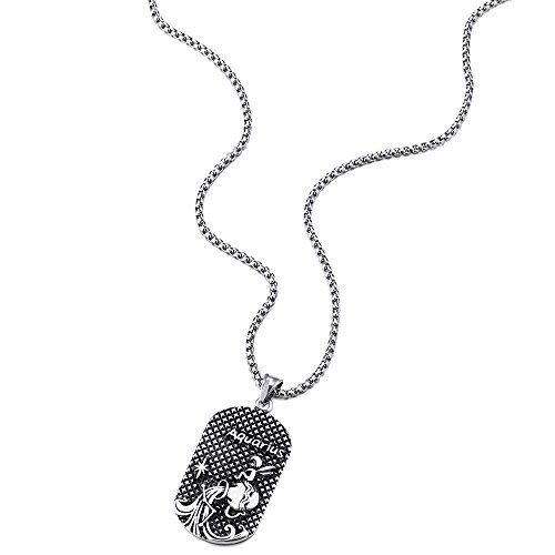 COOLSTEELANDBEYOND Vintage Horóscopo Zodiaco Signos Acuario Aquarius Perro Etiqueta Dog Tag Colgante Collar Acero Inoxidable, Cadena de Trigo 75CM, Doce Constelaciones, Hombre Mujer