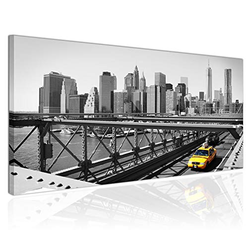 Cuadro XXL sobre Lienzo, Imagen Panorámica 100x50cm, Taxi Amarillo, Blanco y Negro, Trade Center, Puente de Brooklyn, Nueva York, Estilo Moderno - Decoración de Pared, Imagen Panorámica - Una Pieza