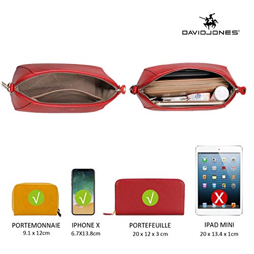 David Jones - Pequeño Bolso Bandolera Mujer - Bolsos de Hombro Cruzados Cadena Cuero PU - Mensajero Clutch Embrague Noche - Messenger Crossbody Bag - Pochette Piel Cremallera Elegante - Rojo