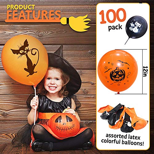 Decoraciones con globos de Halloween, Simuer 100 piezas 12 '' Globos de látex con forma de murciélago esqueleto de calabaza con bomba de aire para suministros para fiestas de Halloween