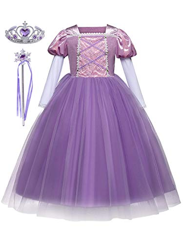 DJSJ- Rapunzel púrpura Poliéster Tul Vestido Niña niños Falda Tutú Cumpleaños Parte Ceremonia Actuación Cuento de Hadas Tiara Varita mágica Diadema Traje