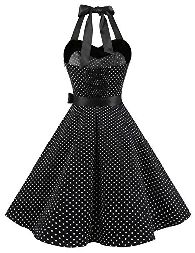 Dresstells® Halter 50s Rockabilly Polka Dots Audrey Dress Retro Cocktail Dress Black Small White Dot L