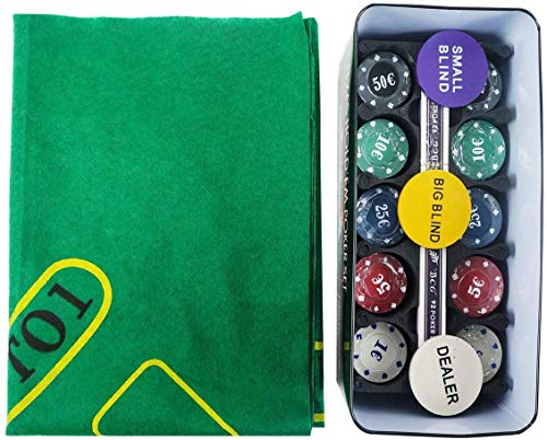 EUROXANTY® Set de Póker y Blackjack | Resistente Caja de Metal + Tapete de Juego | Fácil de Transportar