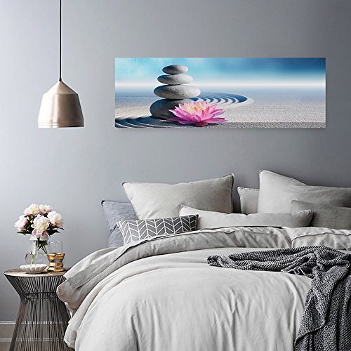 Feeby Frames, Cuadro en Lienzo, Cuadro impresión, Cuadro decoración, Canvas de una Pieza, 60x150 cm, Piedras, Flores, Arena, Zen, PÚRPURA, Azul, Gris