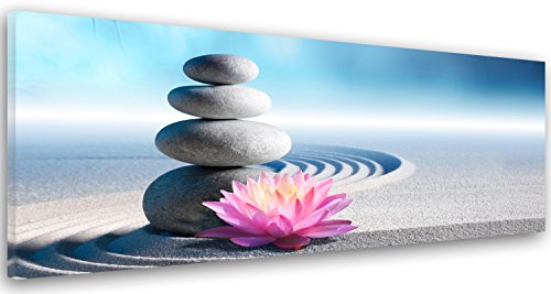 Feeby Frames, Cuadro en Lienzo, Cuadro impresión, Cuadro decoración, Canvas de una Pieza, 60x150 cm, Piedras, Flores, Arena, Zen, PÚRPURA, Azul, Gris