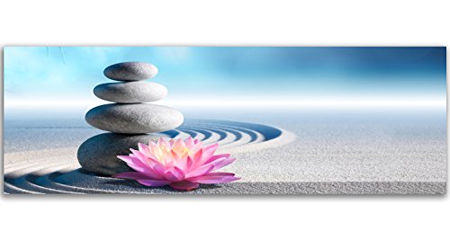 Feeby Frames, Cuadro en Lienzo, Cuadro impresión, Cuadro decoración, Canvas de una Pieza, 60x150 cm, Piedras, Flores, Arena, Zen, PÚRPURA, Azul, Gris