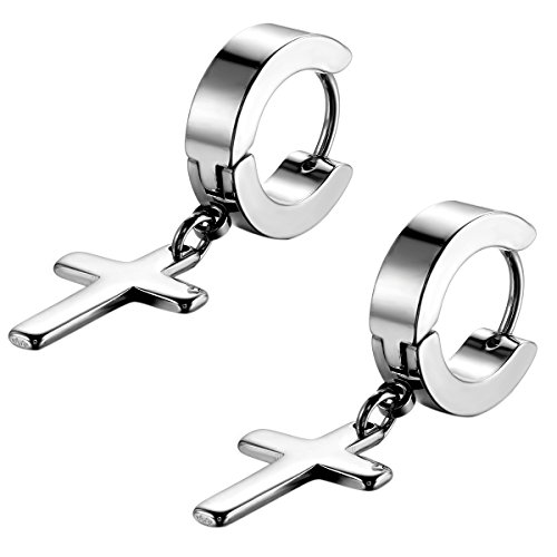 Flongo Pendientes de Mujer Hombre, Pendientes en Forma de Cruz de Estilo de Moda de Acero Inoxidable, Color Plateado Negro, Regalo Navidad San Valentín