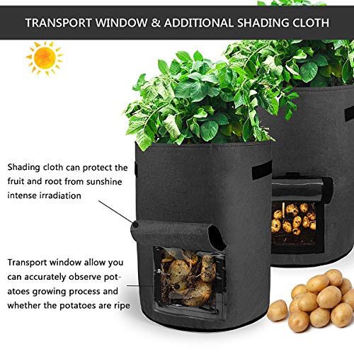 Herefun Bolsa de Cultivo de Plantas, 2 Pack Maceta de Cultivo de Patatas Bolsa para Verduras con Ventana, Bolsas de Cultivo de Patatas para Papas, Tomates, Fresas, Flores y Verduras (Negro-10 Galones)