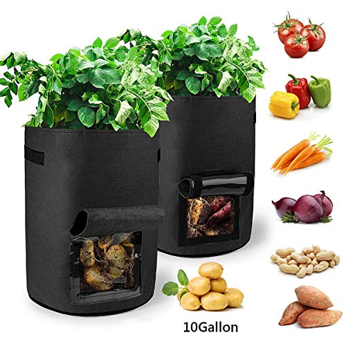 Herefun Bolsa de Cultivo de Plantas, 2 Pack Maceta de Cultivo de Patatas Bolsa para Verduras con Ventana, Bolsas de Cultivo de Patatas para Papas, Tomates, Fresas, Flores y Verduras (Negro-10 Galones)