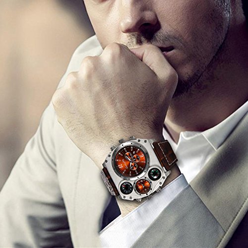 Jewelrywe Reloj Ronda Geniales Pantalla Brújula Termómetro Dual Time Dial (Marrón), Regalos Dia del Padre Originales
