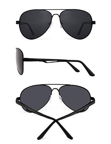 JM Gafas de sol piloto polarizadas retro hombres, mujeres, montura de metal con bisagras de resorte, protección UV 400 (montura negra/lente gris polarizada)
