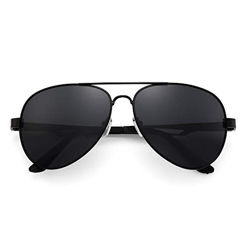 JM Gafas de sol piloto polarizadas retro hombres, mujeres, montura de metal con bisagras de resorte, protección UV 400 (montura negra/lente gris polarizada)