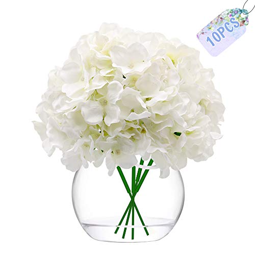 JUSTIDEA Flores Artificiales Hortensia Flor Falsa Ramo de Flores Blanco para Decoración de Boda Hogar (10 Piezas)