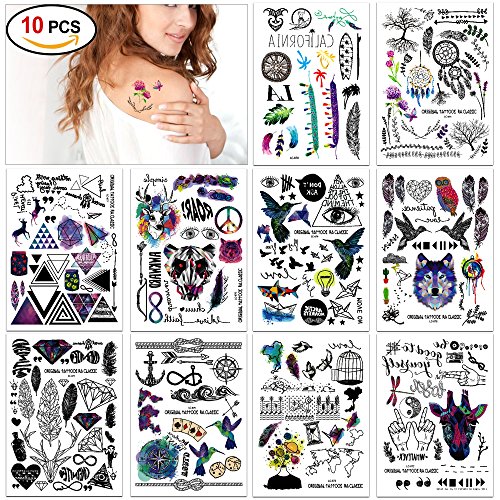 Konsait tatuajes temporales Flash Tatuajes temporär Tattoo cuerpo pegatinas tatuajes temporales Hamsa corazón flores Rose Colores joyas Tattoo para adultos mujer niñas(10 hojas)