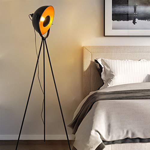 Lampara Tripode Pie Grande Industrial con Pantalla Metal Dorada Negra para Salon Lectura Habitacion Cocina Comedor,Iluminacion Diseno Dormitorio Foco Noche alta estilo Nordico Vintage sin bombilla