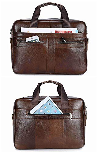 Maletín Mensajero de Cuero Genuino Bolso Hombre Bandolera para Portatil hasta 14 Pulgadas Bolso Hecho a Mano para Negocios,Oficina,Trabajo,Viajes,Marrón