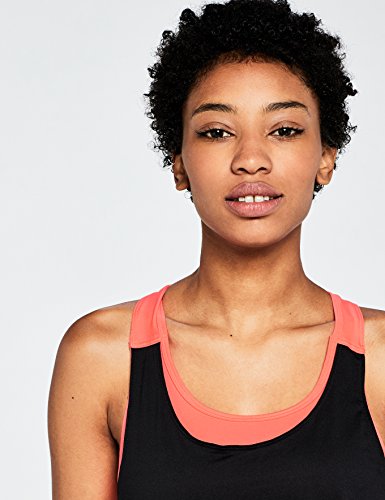 Marca Amazon - AURIQUE Camiseta Deportiva de Doble Capa Mujer, Multicolor (Black/Geranium), 36, Label:XS