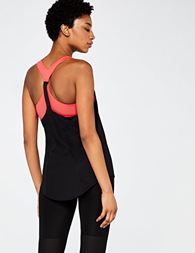 Marca Amazon - AURIQUE Camiseta Deportiva de Doble Capa Mujer, Multicolor (Black/Geranium), 36, Label:XS