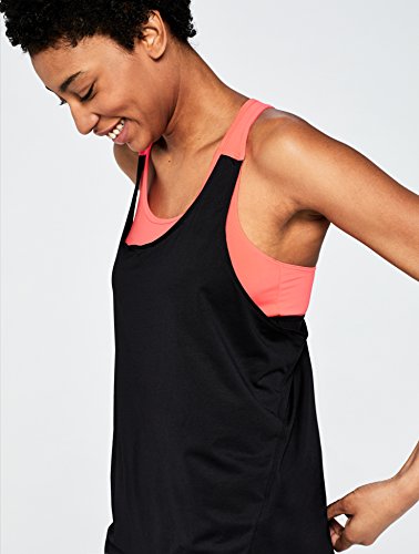 Marca Amazon - AURIQUE Camiseta Deportiva de Doble Capa Mujer, Multicolor (Black/Geranium), 36, Label:XS