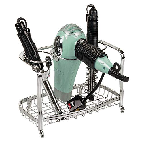 mDesign Soporte para secador de pelo de pie y sin taladro – Soporte para plancha de pelo, secador, cepillos y otros productos de peluquería – Cesta de rejilla de metal para el baño – plateado