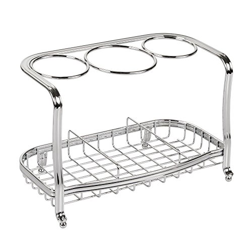 mDesign Soporte para secador de pelo de pie y sin taladro – Soporte para plancha de pelo, secador, cepillos y otros productos de peluquería – Cesta de rejilla de metal para el baño – plateado