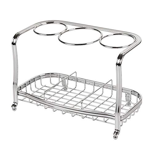 mDesign Soporte para secador de pelo de pie y sin taladro – Soporte para plancha de pelo, secador, cepillos y otros productos de peluquería – Cesta de rejilla de metal para el baño – plateado