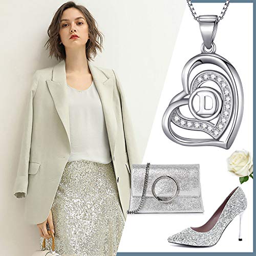 Morella Collar de Mujer con Colgante corazón-Letra D de 925 Plata rodiada con Piedras de circonita de Color Blanco 46cm