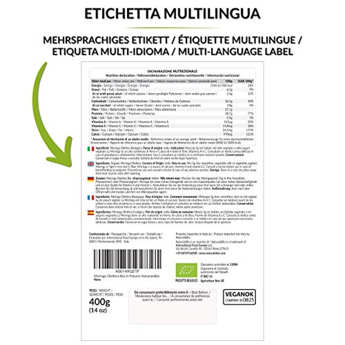 Moringa Oleifera Ecológica en Polvo [Calidad Premium] de 400g. Moringa Powder Organica, 100% Bio, Natural y Pura. Hojas Recogidas de la Planta de Moringa Oleífera. NaturaleBio