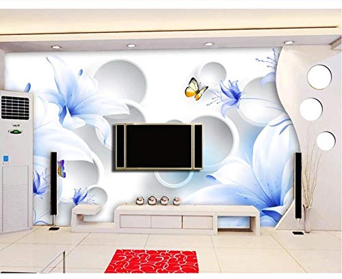 Mural Pared 3D, Gran Moderno Minimalista Abstracto Mariposas Coloridas Y Azucena Azul Flores Fotos 5D Print Tela De Seda Tejidos De Decoración De Arte Wall Salón Dormitorios Techo Office,480Cm(W) X