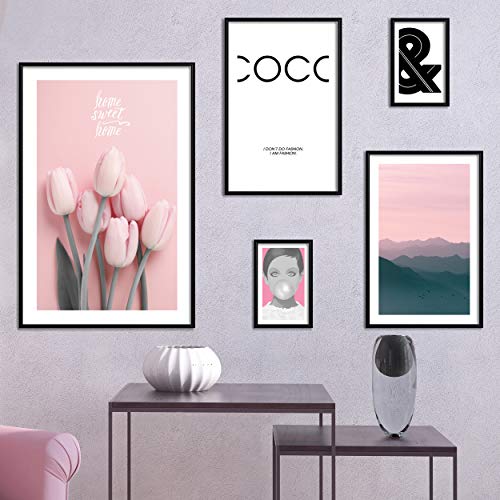 murando Poster Conjunto de 5 Carteles Colección de Posters Cuadro Impresos Póster con Motivos Artísticos Galería de Pared Serie de Carteles Modernos Tulipanes Coco Mujer Home Paisaje Rosa Blanco