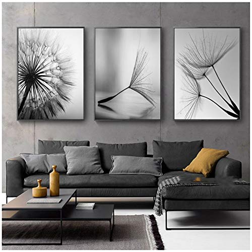 NO BRAND Cuadro en Lienzo Flor de Diente de león Moderno Negro Blanco Imágenes de Arte para la decoración del hogar Sala de Estar Cartel de Pared Abstracto 50x70cm (19.7"x27.6) x3    Sin Marco