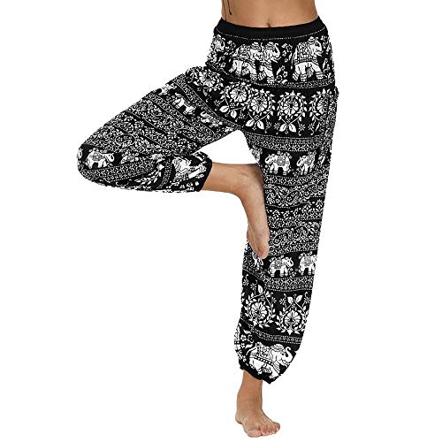 Nuofengkudu Mujer Hippies Pantalones Harem Tailandeses Boho Estampados Bolsillos Cintura Alta Baggy Yoga Pants Verano Playa Fiesta (Negro Elefante,Talla única)